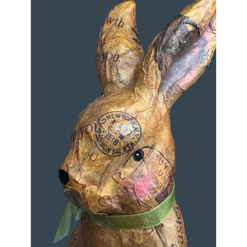 Vintage Decoupage Paper Mache Bunny Rabbit Postcard Print Green Bow 16" - Picture 5 of 12